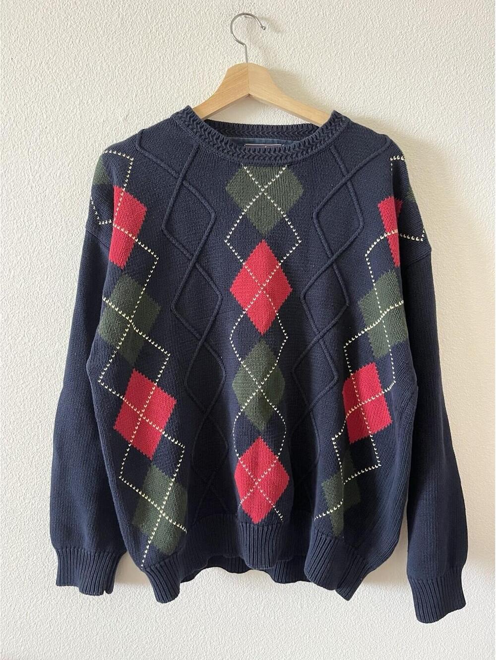 Vintage Woods & Gray Navy Argyle Cotton Sweater XL